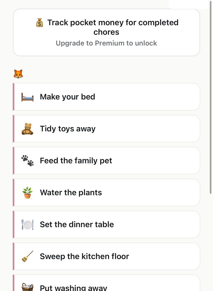 RoutineNest chores screen, showing the free checklist and locked pocket-money tracking