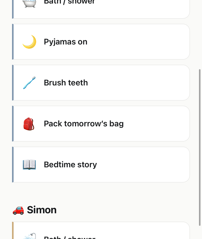 RoutineNest evening routine screen, showing one child's tasks in order