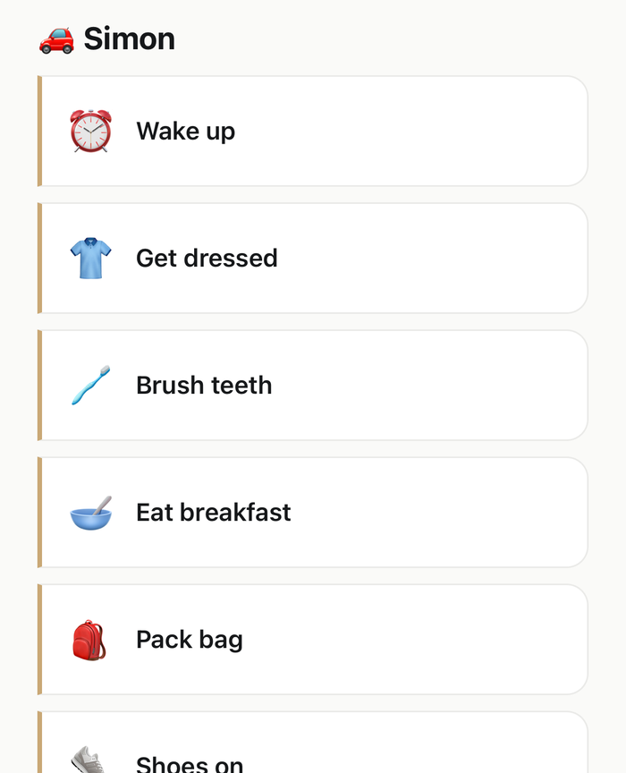 RoutineNest morning routine screen, showing one child's tasks in order